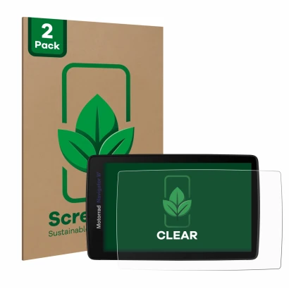 Vorderseite einer Produktverpackung mit dem Markenlogo ScreenLeaf. Daneben ist das Gerät BMW Navigator VI mit dem zugehörigen 