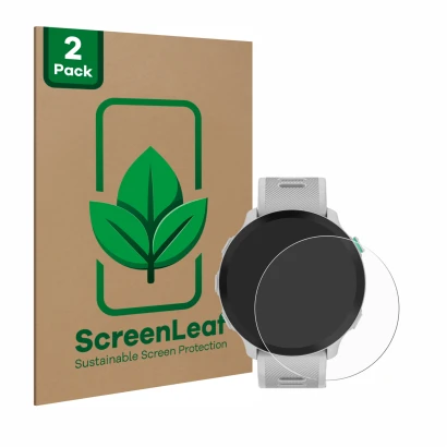 Vorderseite einer Produktverpackung mit dem Markenlogo ScreenLeaf. Daneben ist das Gerät Garmin Forerunner 55 mit dem zugehöri