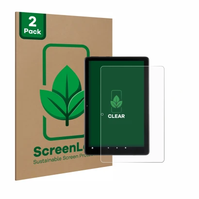 Vorderseite einer Produktverpackung mit dem Markenlogo ScreenLeaf. Daneben ist das Gerät Amazon Fire HD 10 2021 (11. Gen.) mit