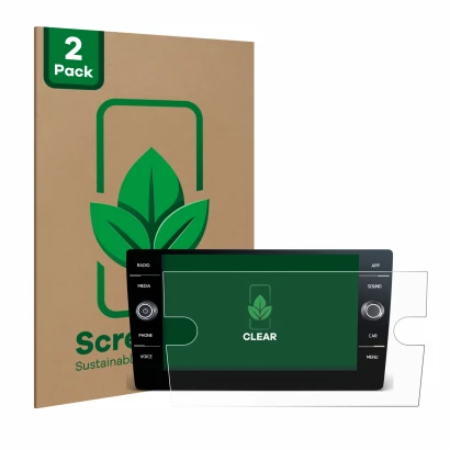 Vorderseite einer Produktverpackung mit dem Markenlogo ScreenLeaf. Daneben ist das Gerät Volkswagen T6 2021 Discover Media 8" 
