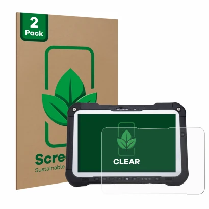 Vorderseite einer Produktverpackung mit dem Markenlogo ScreenLeaf. Daneben ist das Gerät Panasonic Toughbook FZ-G2 mit dem zug