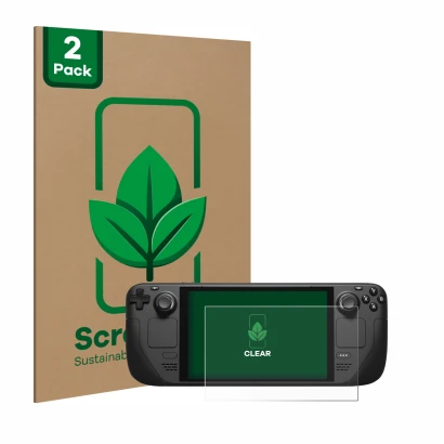 Vorderseite einer Produktverpackung mit dem Markenlogo ScreenLeaf. Daneben ist das Gerät Valve Steam Deck mit dem zugehörigen 