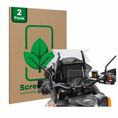 Vorderseite einer Produktverpackung mit dem Markenlogo ScreenLeaf. Daneben ist das Gerät KTM 1290 Super Adventure S 2021 TFT 7
