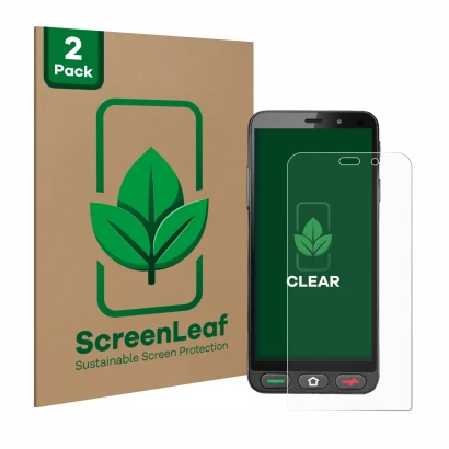 Vorderseite einer Produktverpackung mit dem Markenlogo ScreenLeaf. Daneben ist das Gerät Brondi Amico S Nero mit dem zugehörig