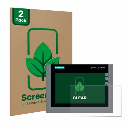 Vorderseite einer Produktverpackung mit dem Markenlogo ScreenLeaf. Daneben ist das Gerät Siemens Simatic HMI TP700 Comfort mit