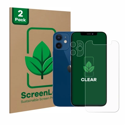 Vorderseite einer Produktverpackung mit dem Markenlogo ScreenLeaf. Daneben ist das Gerät Apple iPhone 12 mini (Display+Kamera)