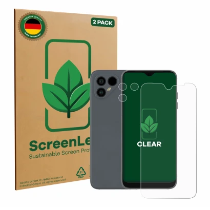 Vorderseite einer Produktverpackung mit dem Markenlogo ScreenLeaf. Daneben ist das Gerät Fairphone 4 (Display+Kamera) mit dem 