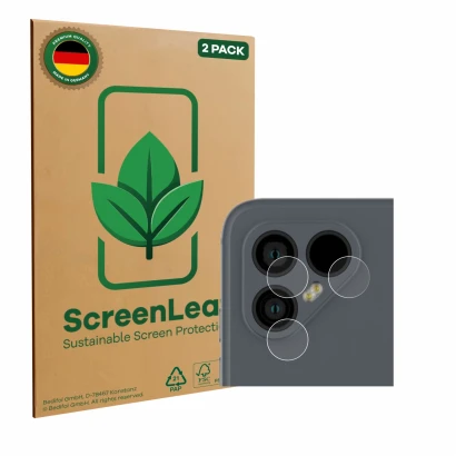 Vorderseite einer Produktverpackung mit dem Markenlogo ScreenLeaf. Daneben ist das Gerät Fairphone 4 (NUR Kameraschutz) mit de