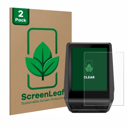 Vorderseite einer Produktverpackung mit dem Markenlogo ScreenLeaf. Daneben ist das Gerät Bosch Nyon 2 2021 mit dem zugehörigen