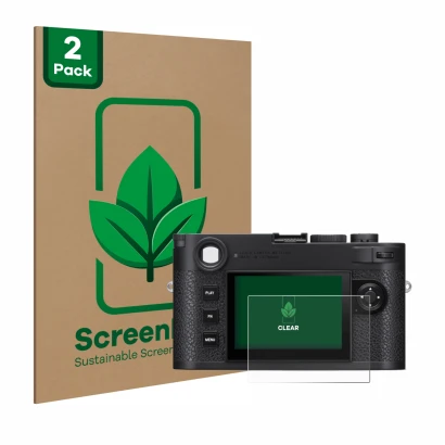 Vorderseite einer Produktverpackung mit dem Markenlogo ScreenLeaf. Daneben ist das Gerät Leica M11 mit dem zugehörigen Display