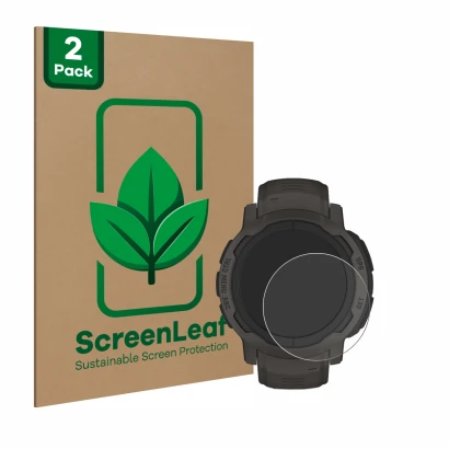 Vorderseite einer Produktverpackung mit dem Markenlogo ScreenLeaf. Daneben ist das Gerät Garmin Instinct 2 mit dem zugehörigen