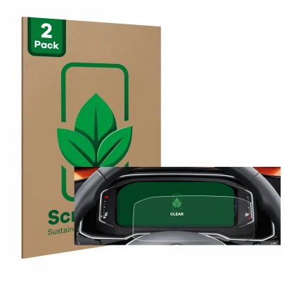 Vorderseite einer Produktverpackung mit dem Markenlogo ScreenLeaf. Daneben ist das Gerät Volkswagen Polo 6 Digital Cockpit Pro