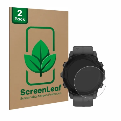 Vorderseite einer Produktverpackung mit dem Markenlogo ScreenLeaf. Daneben ist das Gerät Garmin Descent G1 mit dem zugehörigen