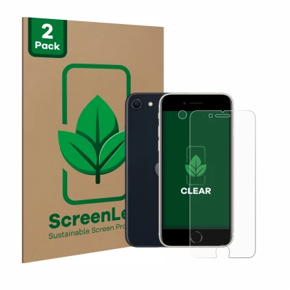Vorderseite einer Produktverpackung mit dem Markenlogo ScreenLeaf. Daneben ist das Gerät Apple iPhone SE 3 2022 (Display+Kamer