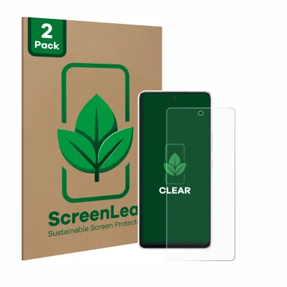 Vorderseite einer Produktverpackung mit dem Markenlogo ScreenLeaf. Daneben ist das Gerät Samsung Galaxy A53 5G mit dem zugehör