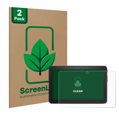 Vorderseite einer Produktverpackung mit dem Markenlogo ScreenLeaf. Daneben ist das Gerät Amazon Fire 7 2022 mit dem zugehörige