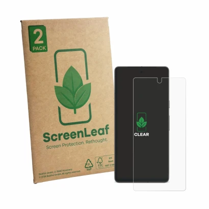 Vorderseite einer Produktverpackung mit dem Markenlogo ScreenLeaf. Daneben ist das Gerät Google Pixel 7 mit dem zugehörigen Di