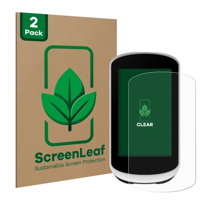 Vorderseite einer Produktverpackung mit dem Markenlogo ScreenLeaf. Daneben ist das Gerät Garmin Edge Explore 2 mit dem zugehör