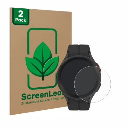 Vorderseite einer Produktverpackung mit dem Markenlogo ScreenLeaf. Daneben ist das Gerät Samsung Galaxy Watch 5 Pro mit dem zu