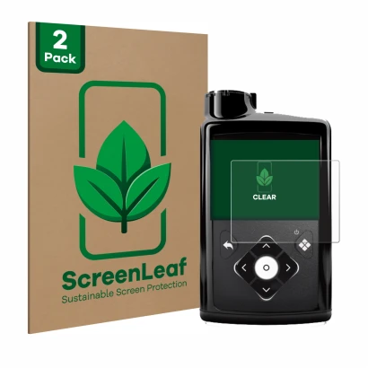 Vorderseite einer Produktverpackung mit dem Markenlogo ScreenLeaf. Daneben ist das Gerät Medtronic Minimed 780G mit dem zugehö