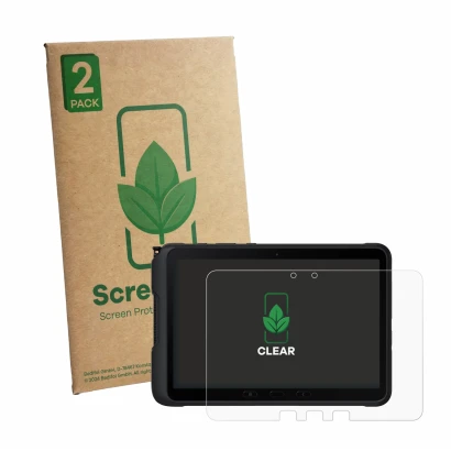 Vorderseite einer Produktverpackung mit dem Markenlogo ScreenLeaf. Daneben ist das Gerät Samsung Galaxy Tab Active 4 Pro mit d