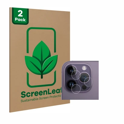 Vorderseite einer Produktverpackung mit dem Markenlogo ScreenLeaf. Daneben ist das Gerät Apple iPhone 14 Pro (NUR Kameraschutz