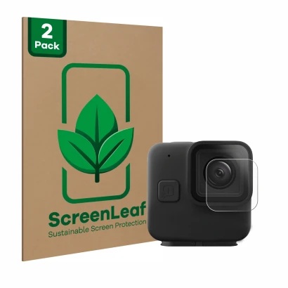 Vorderseite einer Produktverpackung mit dem Markenlogo ScreenLeaf. Daneben ist das Gerät GoPro Hero 11 mini Linse (Gehäuse) mi