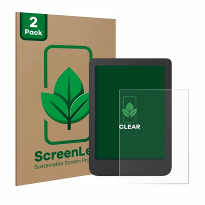 Vorderseite einer Produktverpackung mit dem Markenlogo ScreenLeaf. Daneben ist das Gerät Tolino Shine 4 mit dem zugehörigen Di