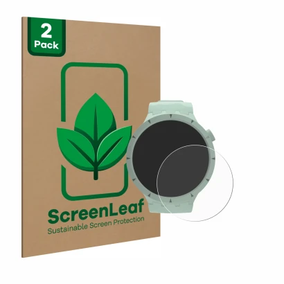 Vorderseite einer Produktverpackung mit dem Markenlogo ScreenLeaf. Daneben ist das Gerät Swatch Big Bold Bioceramic mit dem zu