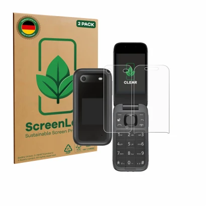 Vorderseite einer Produktverpackung mit dem Markenlogo ScreenLeaf. Daneben ist das Gerät Nokia 2660 Flip (Display+Rückseite) m