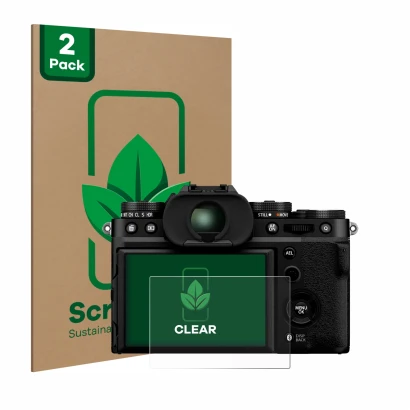 Vorderseite einer Produktverpackung mit dem Markenlogo ScreenLeaf. Daneben ist das Gerät Fujifilm X-T5 mit dem zugehörigen Dis