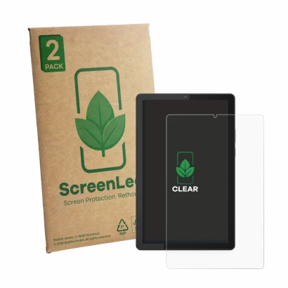 Vorderseite einer Produktverpackung mit dem Markenlogo ScreenLeaf. Daneben ist das Gerät Lenovo Tab M9 mit dem zugehörigen Dis