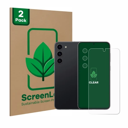Vorderseite einer Produktverpackung mit dem Markenlogo ScreenLeaf. Daneben ist das Gerät Samsung Galaxy S23 (Display+Kamera) m