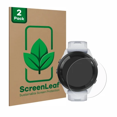 Vorderseite einer Produktverpackung mit dem Markenlogo ScreenLeaf. Daneben ist das Gerät Garmin Forerunner 265 (46 mm) mit dem