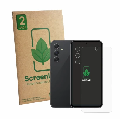 Vorderseite einer Produktverpackung mit dem Markenlogo ScreenLeaf. Daneben ist das Gerät Samsung Galaxy A54 5G (Display+Kamera