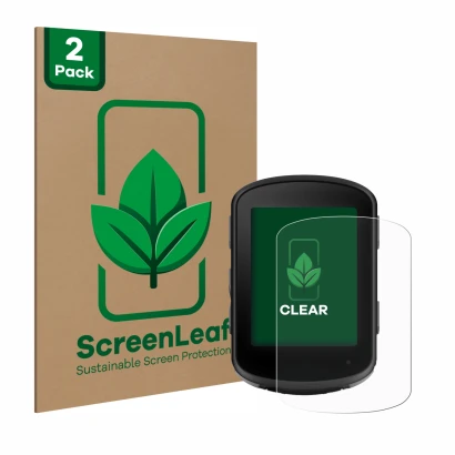 Vorderseite einer Produktverpackung mit dem Markenlogo ScreenLeaf. Daneben ist das Gerät Garmin Edge 840 mit dem zugehörigen D