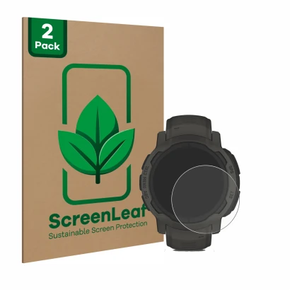 Vorderseite einer Produktverpackung mit dem Markenlogo ScreenLeaf. Daneben ist das Gerät Garmin Instinct 2 Solar mit dem zugeh