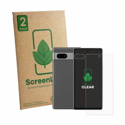 Vorderseite einer Produktverpackung mit dem Markenlogo ScreenLeaf. Daneben ist das Gerät Google Pixel 7a (Display+Kamera) mit 