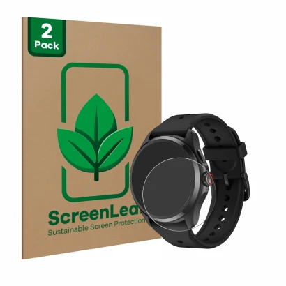 Vorderseite einer Produktverpackung mit dem Markenlogo ScreenLeaf. Daneben ist das Gerät Mobvoi TicWatch Pro 5 mit dem zugehör