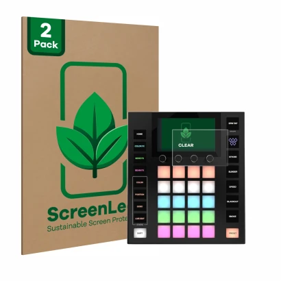 Vorderseite einer Produktverpackung mit dem Markenlogo ScreenLeaf. Daneben ist das Gerät Wolfmix W1 mit dem zugehörigen Displa