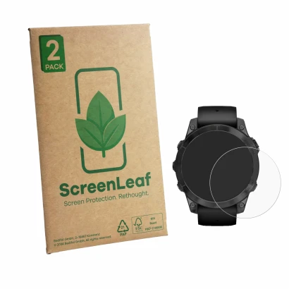 Vorderseite einer Produktverpackung mit dem Markenlogo ScreenLeaf. Daneben ist das Gerät Garmin Epix Pro (Gen 2) (47 mm) mit d