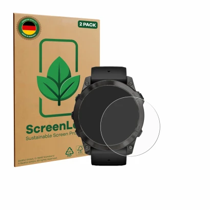 Vorderseite einer Produktverpackung mit dem Markenlogo ScreenLeaf. Daneben ist das Gerät Garmin Epix Pro (Gen 2) (51 mm) mit d
