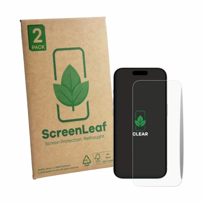 Vorderseite einer Produktverpackung mit dem Markenlogo ScreenLeaf. Daneben ist das Gerät Apple iPhone 15 Pro mit dem zugehörig