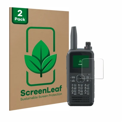 Vorderseite einer Produktverpackung mit dem Markenlogo ScreenLeaf. Daneben ist das Gerät Kenwood TH-D75E D-Star mit dem zugehö