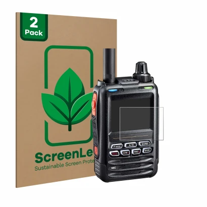 Vorderseite einer Produktverpackung mit dem Markenlogo ScreenLeaf. Daneben ist das Gerät Yaesu FT-5DE/DR mit dem zugehörigen D