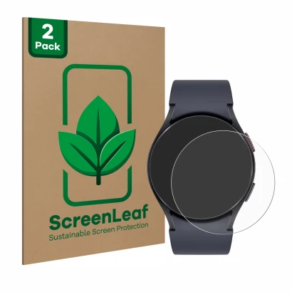 Vorderseite einer Produktverpackung mit dem Markenlogo ScreenLeaf. Daneben ist das Gerät Samsung Galaxy Watch 6 (44 mm) mit de
