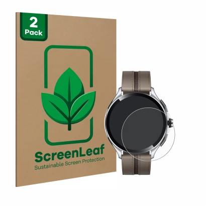 Vorderseite einer Produktverpackung mit dem Markenlogo ScreenLeaf. Daneben ist das Gerät Xiaomi Watch 2 Pro mit dem zugehörige