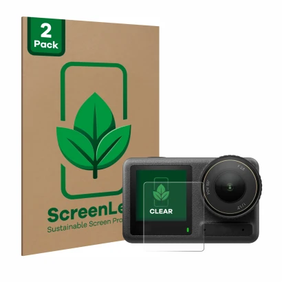 Vorderseite einer Produktverpackung mit dem Markenlogo ScreenLeaf. Daneben ist das Gerät DJI Osmo Action 4 (Vorderes Display) 