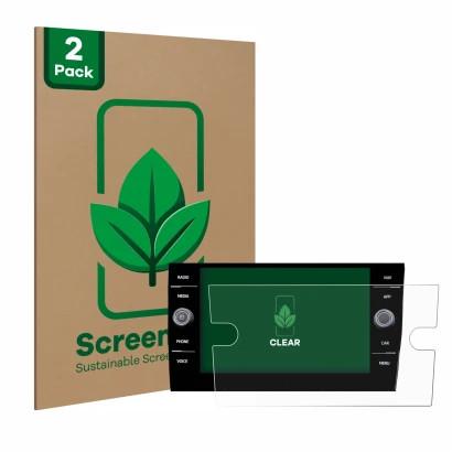 Vorderseite einer Produktverpackung mit dem Markenlogo ScreenLeaf. Daneben ist das Gerät Volkswagen Taigo Discover Media 8” 20