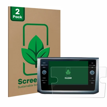 Vorderseite einer Produktverpackung mit dem Markenlogo ScreenLeaf. Daneben ist das Gerät Volkswagen Passat B8 Discover Media 8